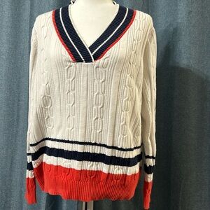 TOMMY HILFIGER WOMEN CABLE KNIT V-NECK SWEATER XLarge Orange & White